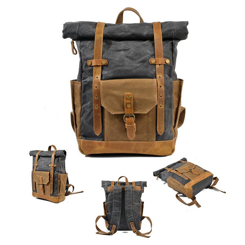 RockCow Leather Studio - Wholesale Backpack - Unisex - Wax Canvas With Full Grain Leather Travel Backpack Waterproof Waxed Canvas Laptop Rucksack Canvas Outdoor Backpack17