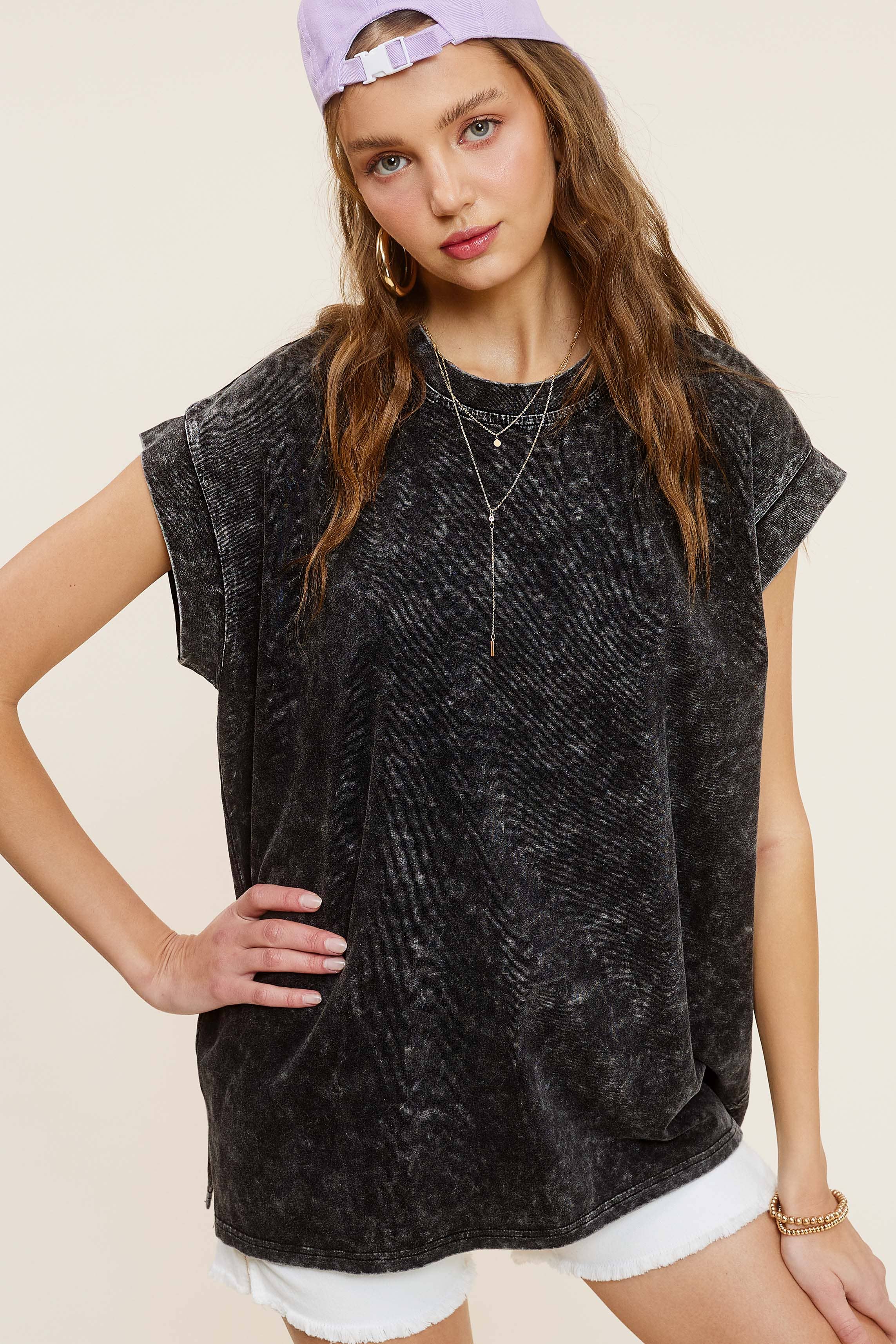 La Miel – wholesale Tunika - Dam – MCT7689-Mineraltvättad Kortärmad topp med rund halsringning2