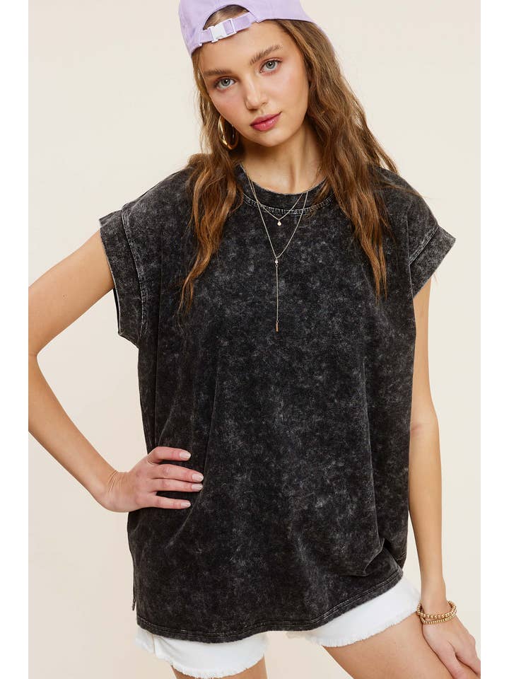 La Miel - Vente Tunique – femme - MCT7689-Haut à manches courtes et encolure ras-du-cou délavé au minéral2