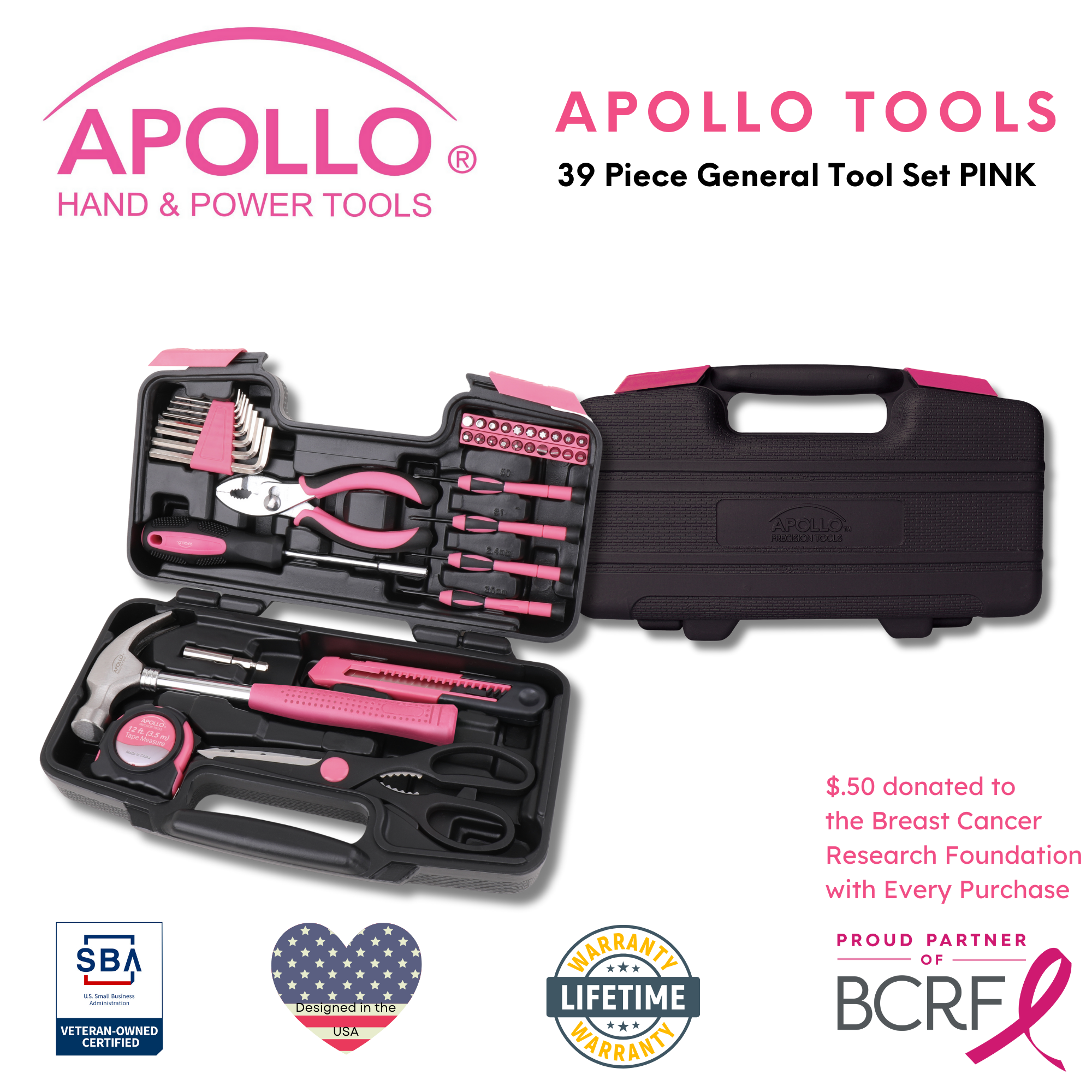 Apollo Tools - Wholesale Handy Tool - 39 Piece General Tool Set Pink3