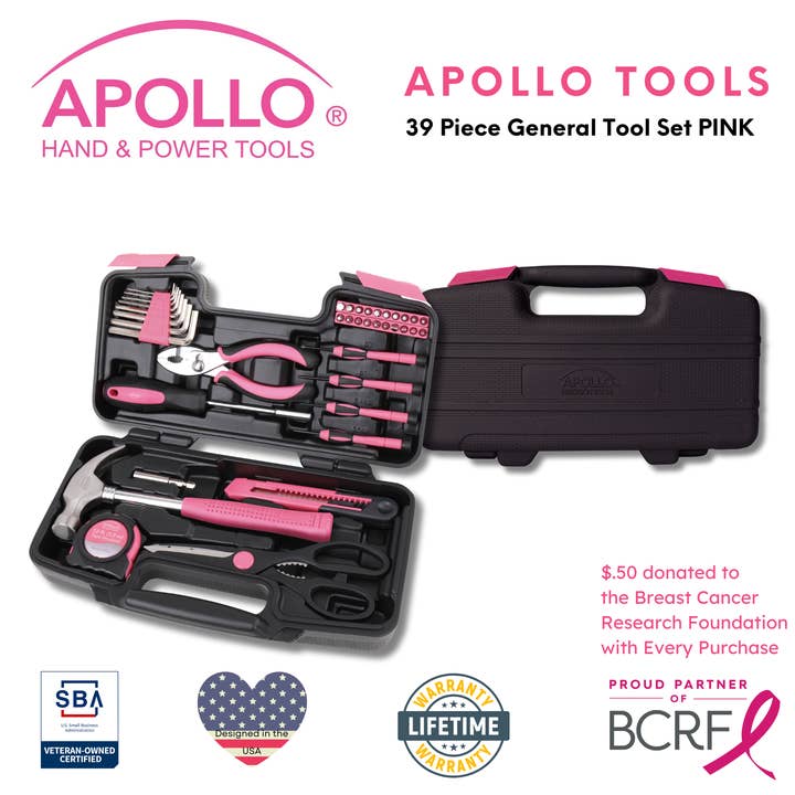 Apollo Tools - Wholesale Handy Tool - 39 Piece General Tool Set Pink3