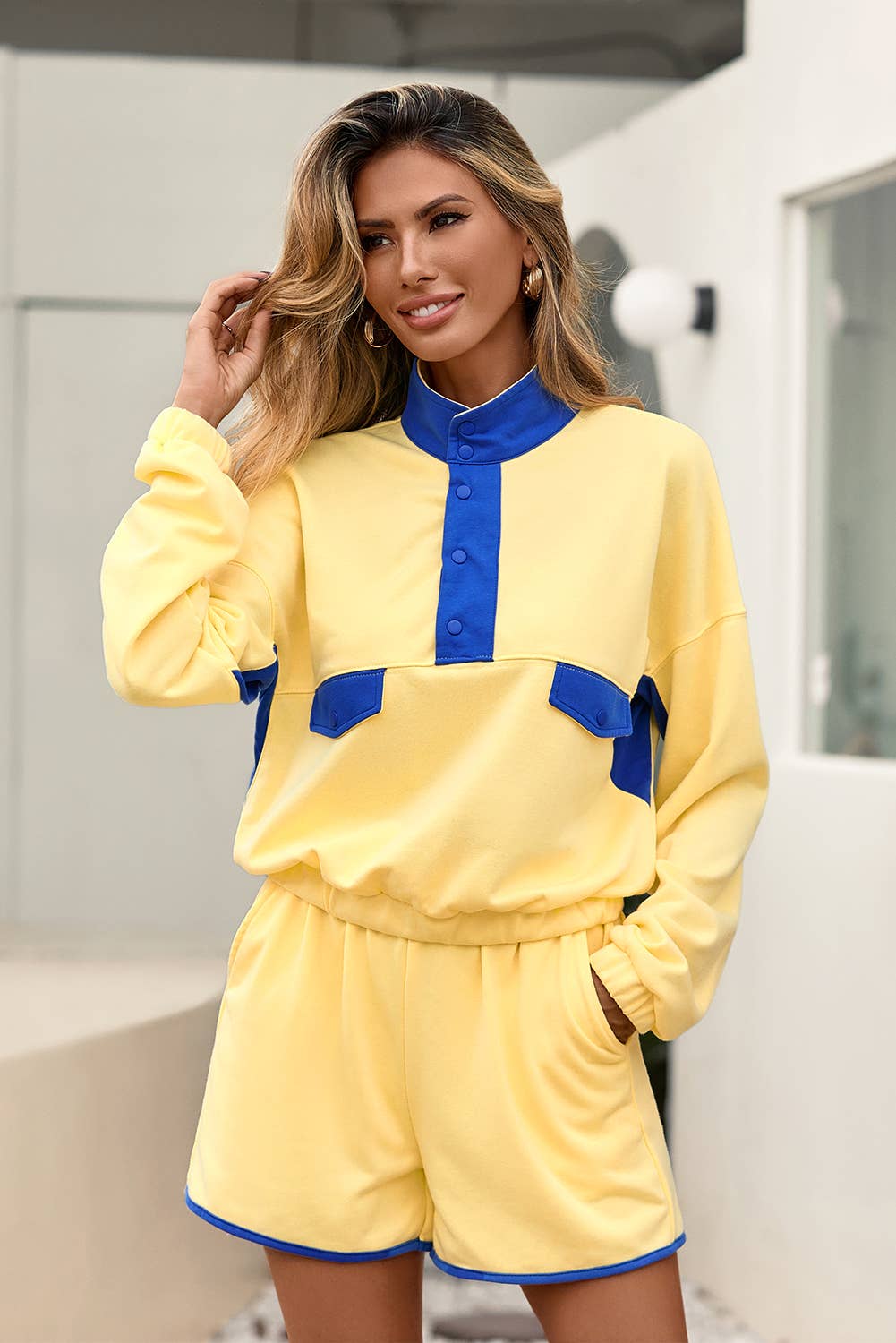 Little Daisy Closet - Wholesale Lounge Set - Women's -  LDC Colorblock Half Button Pullover and Shorts 2pcs Outfit6