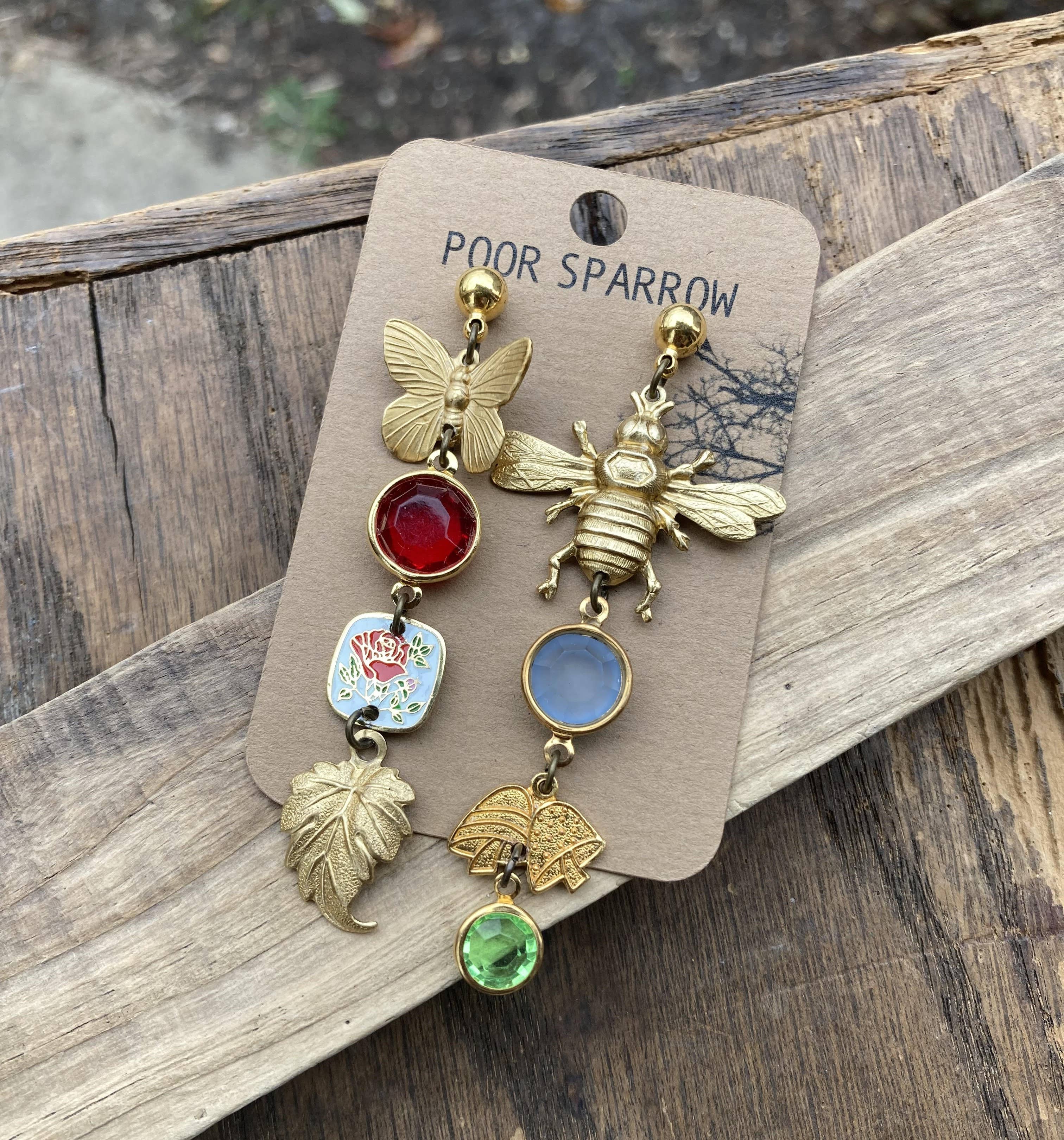 Poor Sparrow - Wholesale Dangle Earrings - Nature Study Brass & Crystal Charm Earrings3