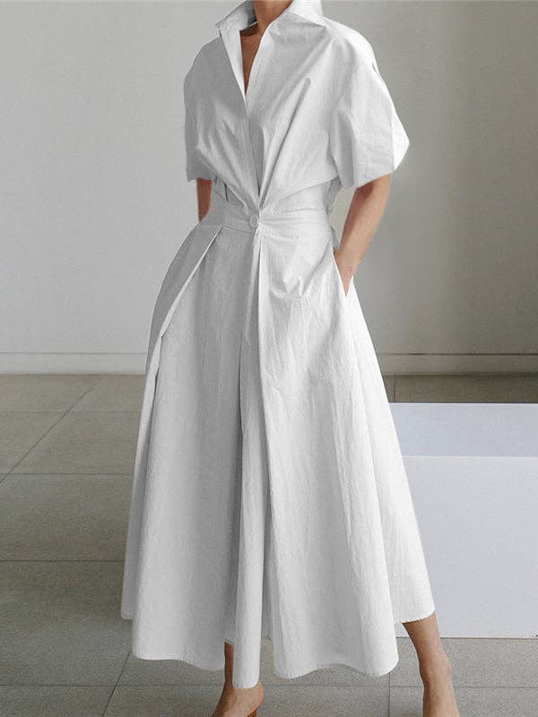 VividLux - Wholesale Dress - Women's - High Waisted Loose Pleated Solid Color V-Neck Midi Dresses2