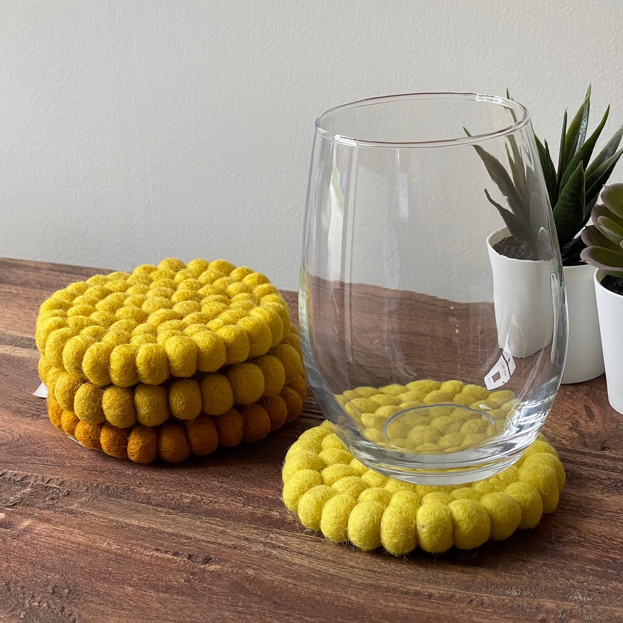 Global Crafts - Wholesale Coasters - Mustard Tonal Felt Ball Coasters, Set of 41