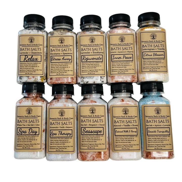 Luxe ontspannend badzout voor wholesale door Serenity Bath and Body Care