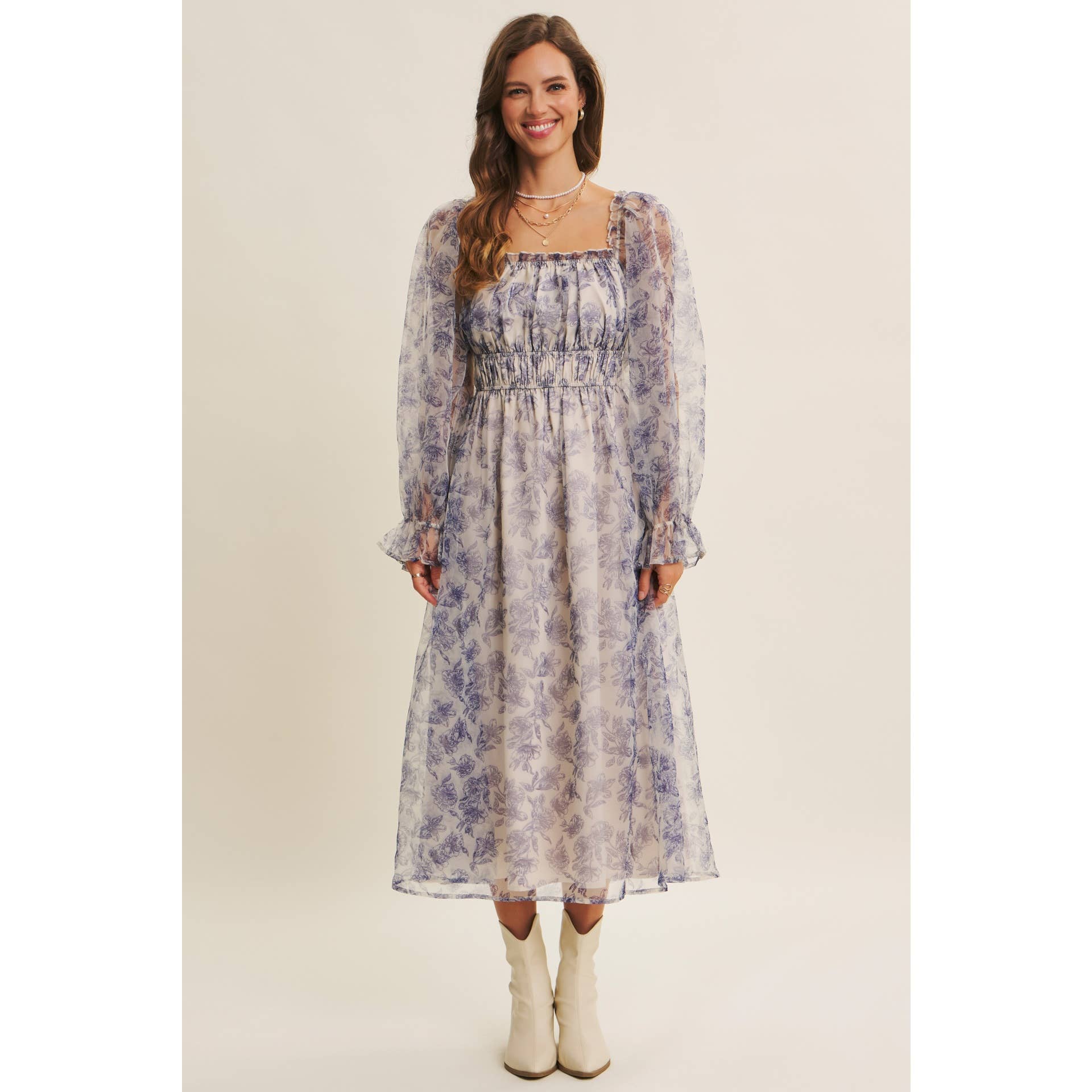 in february - Wholesale Jurk - Dames - ETHERISCHE ELEGANTIE BLOEMIGE ORGANZA MIDI-JURK MET ELASTISCHE TAILLE5