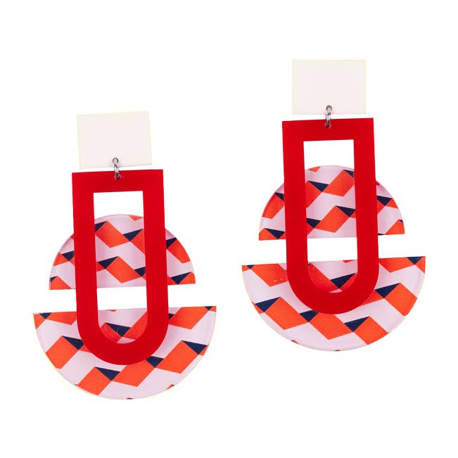 Geometric earrings with pattern and red/white acrylic #RH012 for wholesale by Goiaba Design