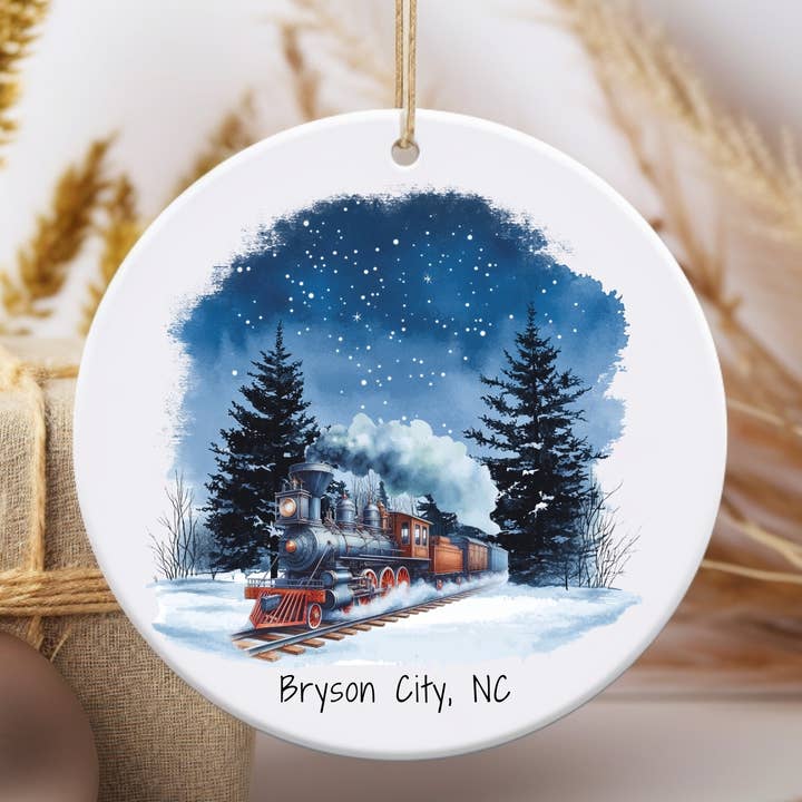 Personalized Steam Train and Forest Christmas Ornament Gift for wholesale by Stad Woodlands