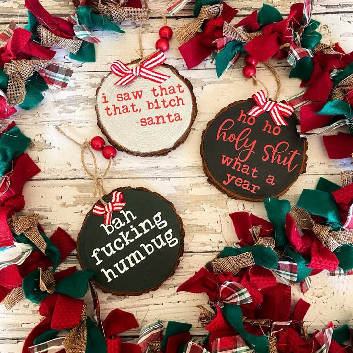 Funny Quirky Wood Christmas Ornament, Holiday for wholesale by pretty little creeps