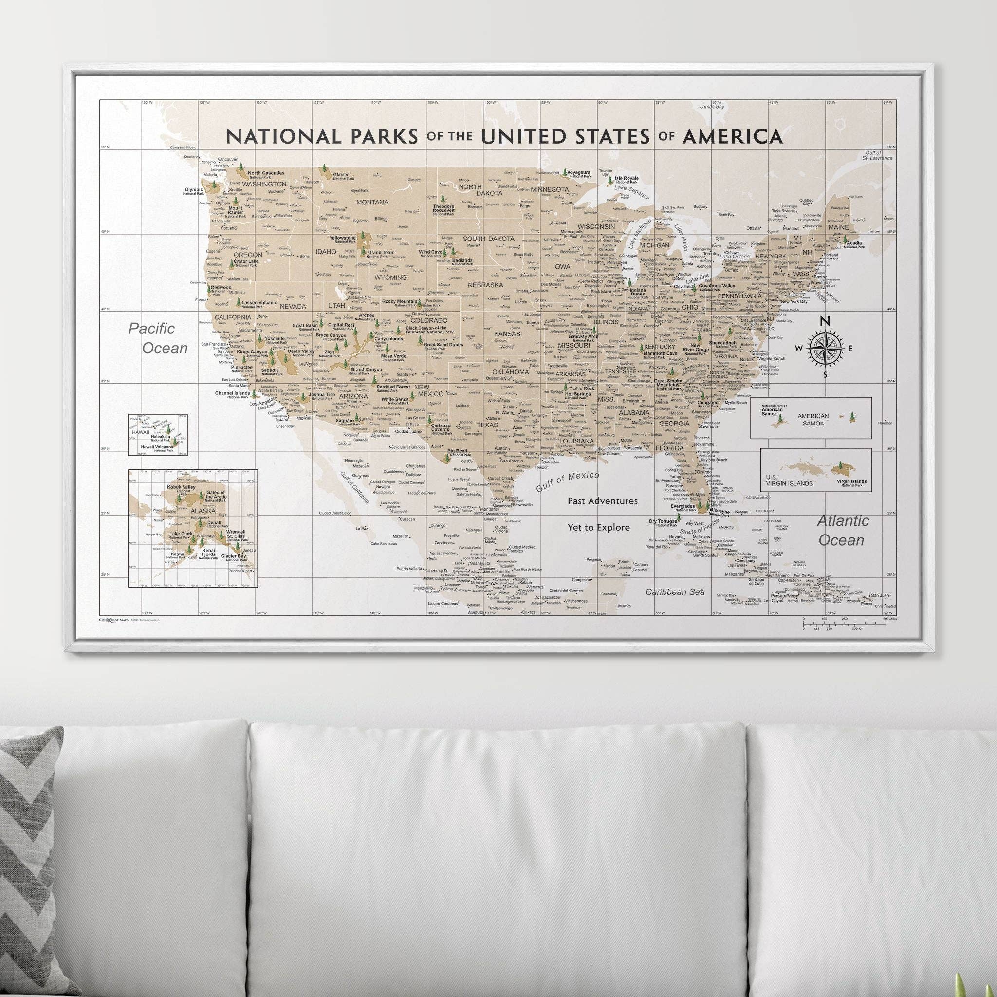 Conquest Maps - Wholesale Map - Push Pin National Parks Map - Light Brown Color Splash - Pins Included!10