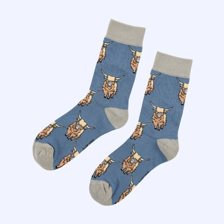 Highland Cow Strømper | Bambus Sokker | Blå Strømper for engroshandel hos Bare Kind Socks