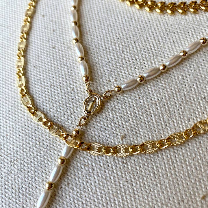 GoldFi - Wholesale Pendant/Charm Necklace - 18k Gold Filled Pearl Rosary