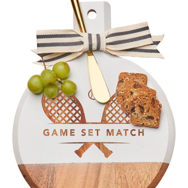 Acacia Bevel Board White w/ Ribbon & Gold Spreader Knife | Tennis | 9.75 x 8" for wholesale by Sophistiplate