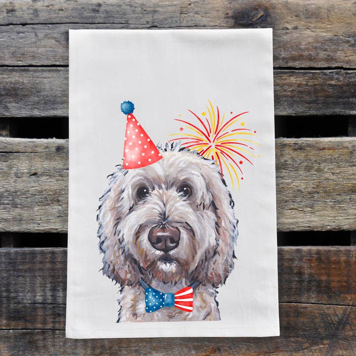 July 4th Doodle Tea Towel, Cute Festive Kitchen Decor for wholesale by Hippie Hound Studios