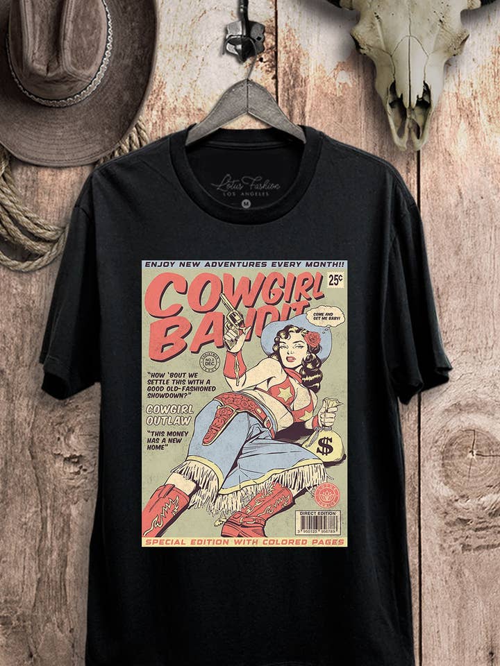 Lotus Fashion Collection - Vendita all'ingrosso Maglietta serigrafata - Donna - Top grafico retrò western da bandita cowgirl