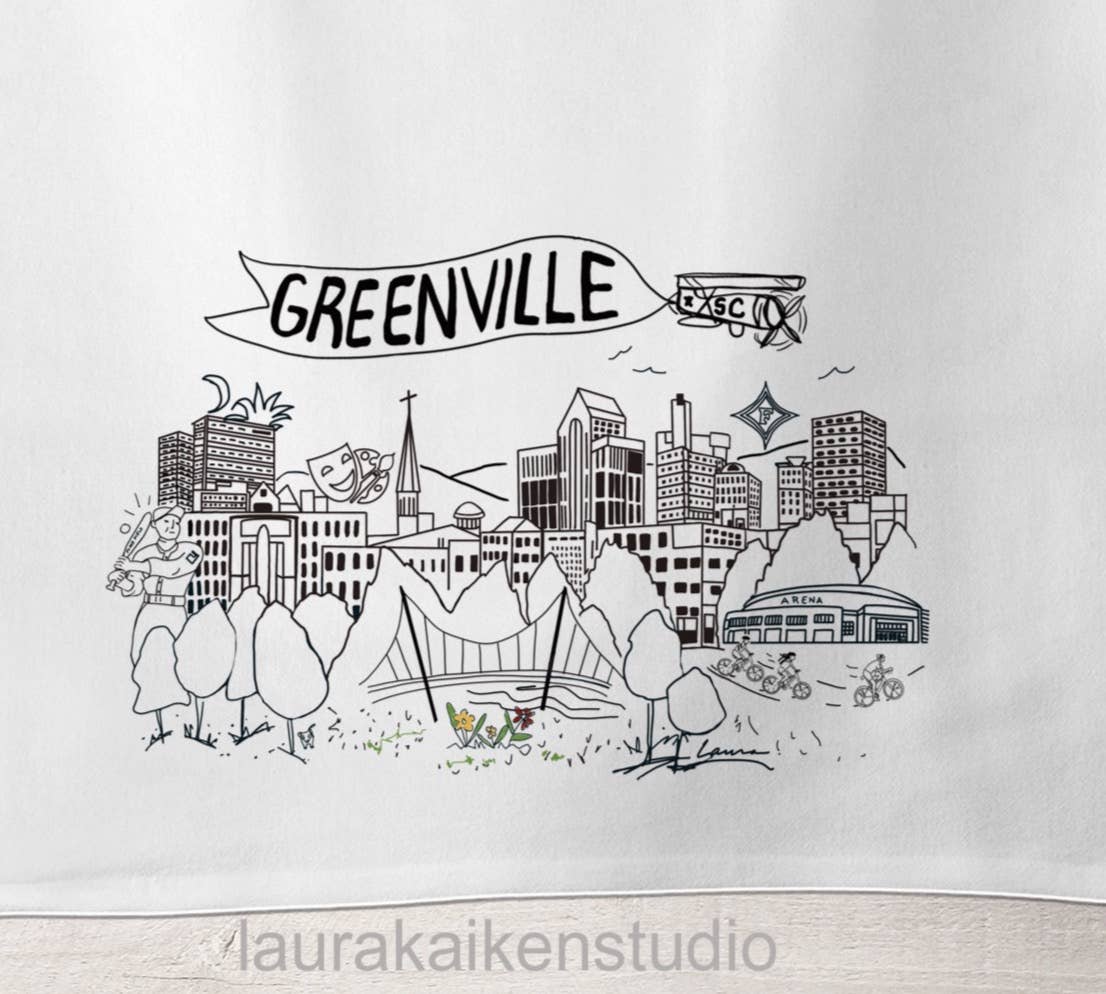 Laura K Aiken Studio - Wholesale Tea Towel - SC Greenville Line Drawn Tea Towel1