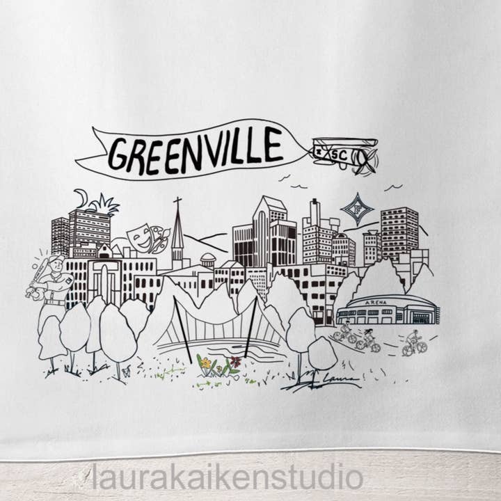 Laura K Aiken Studio - Wholesale Tea Towel - SC Greenville Line Drawn Tea Towel1