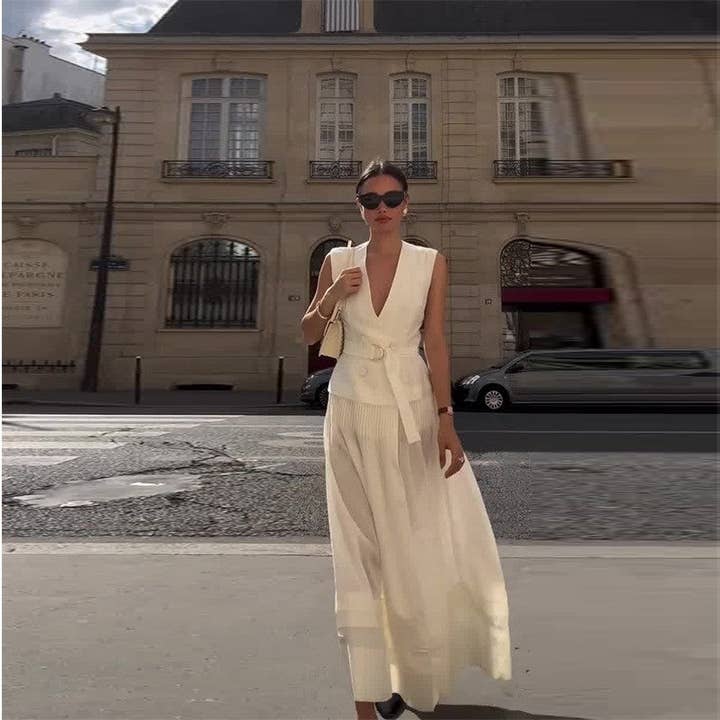 WHITE Solid Color V-Neck Sleeveless Belted A-Line Maxi Dress for wholesale on Faire