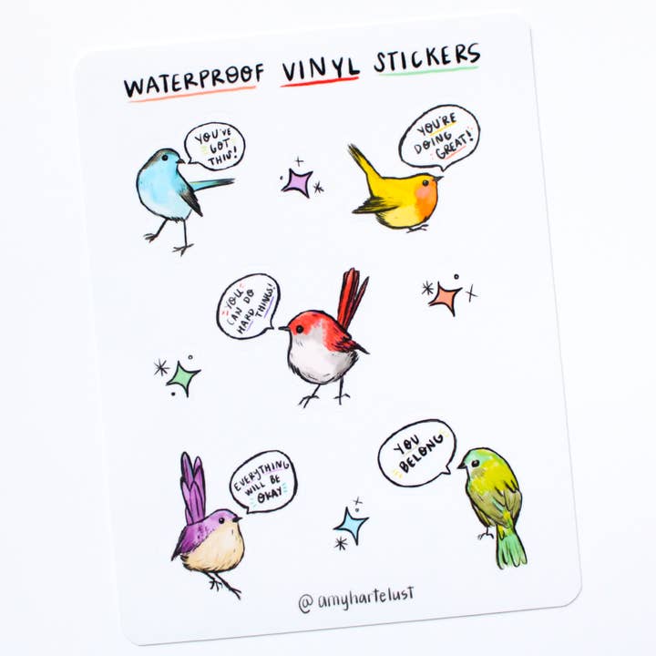 Birds Of Affirmation Vinyl Sticker Sheet for wholesale by Amy Hartelust Art and Illustration