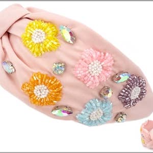 Multi Crystal Beaded Flowers on Light Pink Headband for wholesale by What's Hot