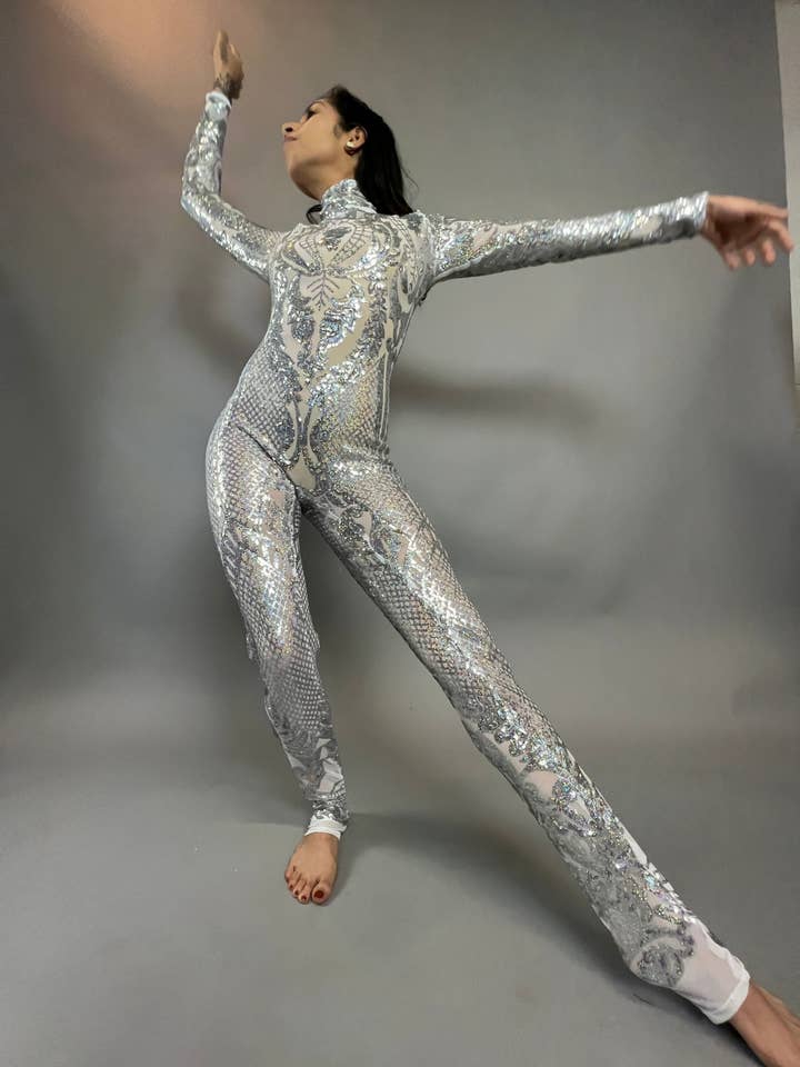 Silver Sequin Jumpsuit, Floral Mesh Bodysuit, Showgirl Costume, Sheer Performance Wear, Gymnastics Outfit, Long Sleeve for wholesale by Kikimora Fashion