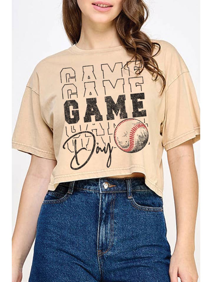 Rustee Clothing - Wholesale Screen Printed T-Shirt - Women's - BASEBALL GAME DAY MINERAL GRAPHIC LONG CROP TOP