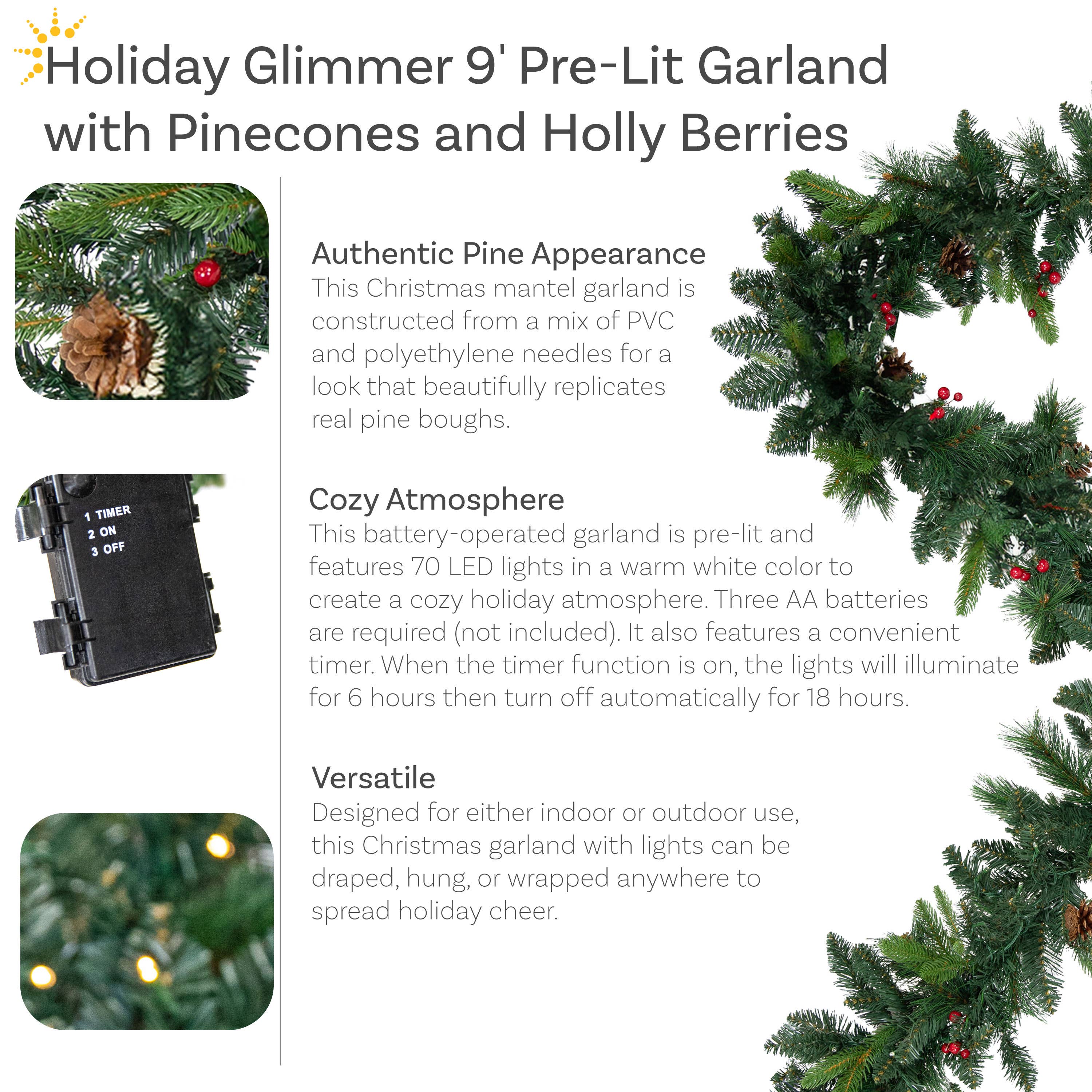 Sunnydaze Decor - Wholesale Bunting/Garland - 9' Pre-Lit PVC Garland - Traditional2