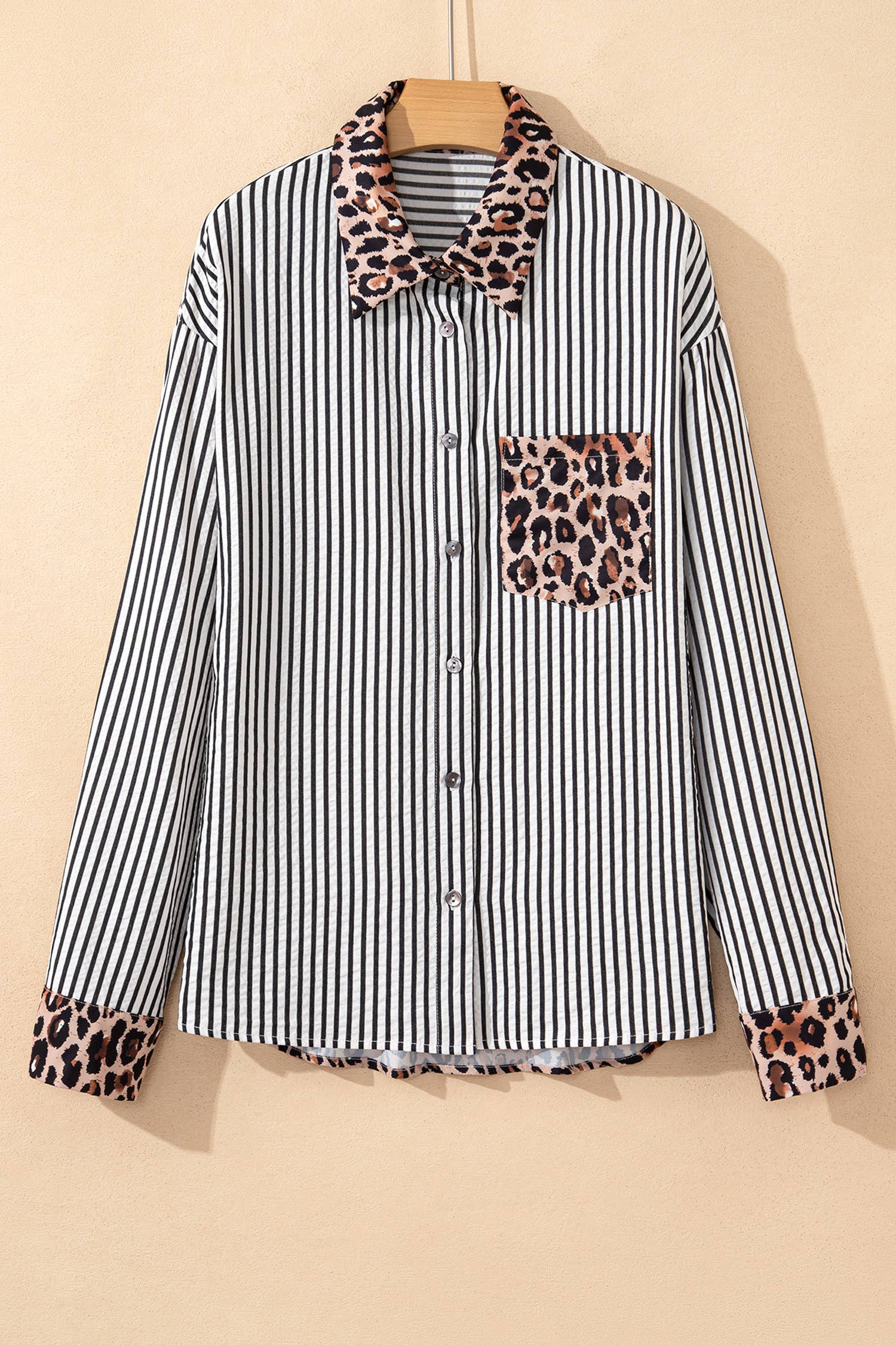 66DISCO - Wholesale Button Down Shirt - Women's - Spring 2026 Chic Contrast Leopard & Stripes Button Shirt7