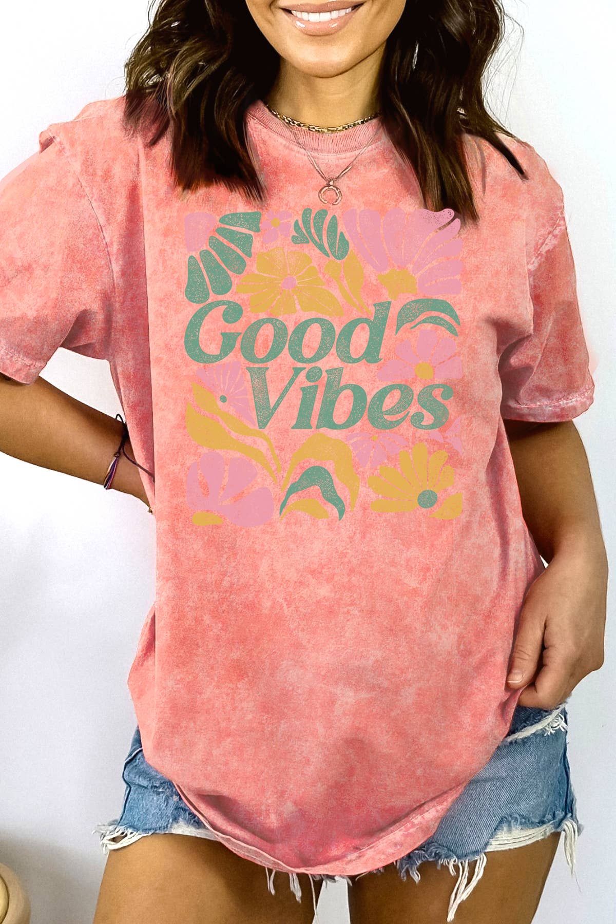 BouTeeQue Closet - Wholesale Screen Printed T-Shirt - Women's - BT1758 MT GOOD VIBES - Mineral Wash1
