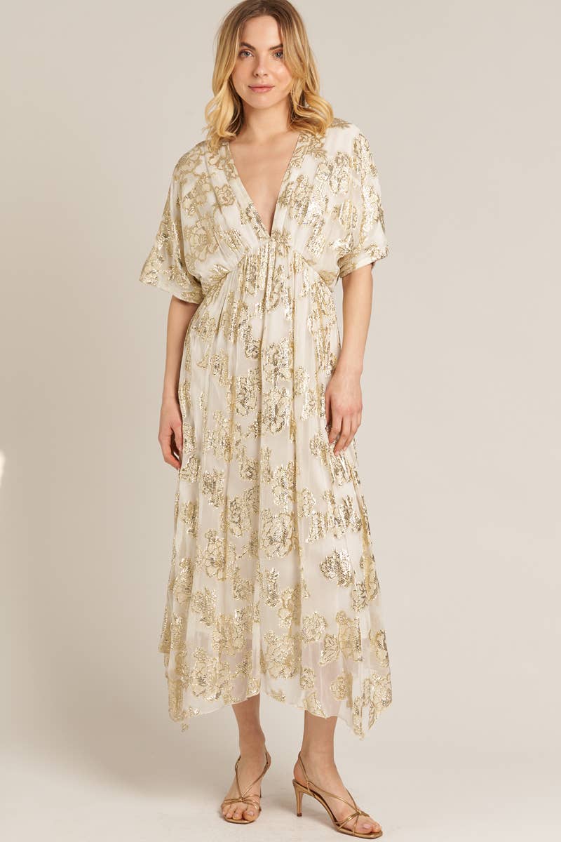En Crème - Vente Robe – femme - Robe longue à manches kimono à col en V9