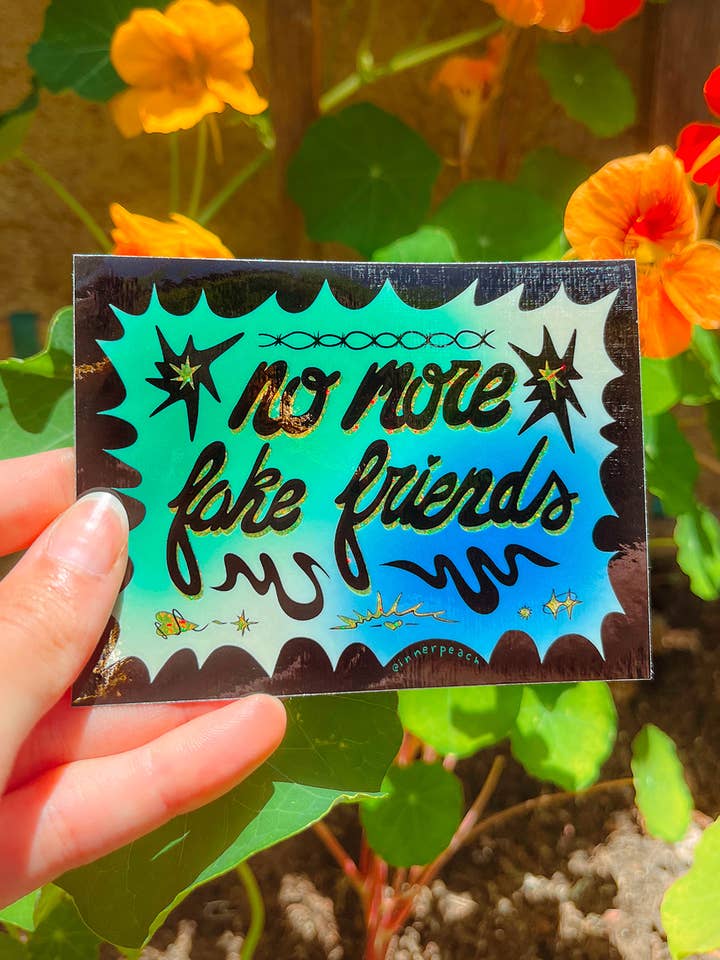 No More Fake Friends Sparkly Sticker for wholesale by Inner Peach Design