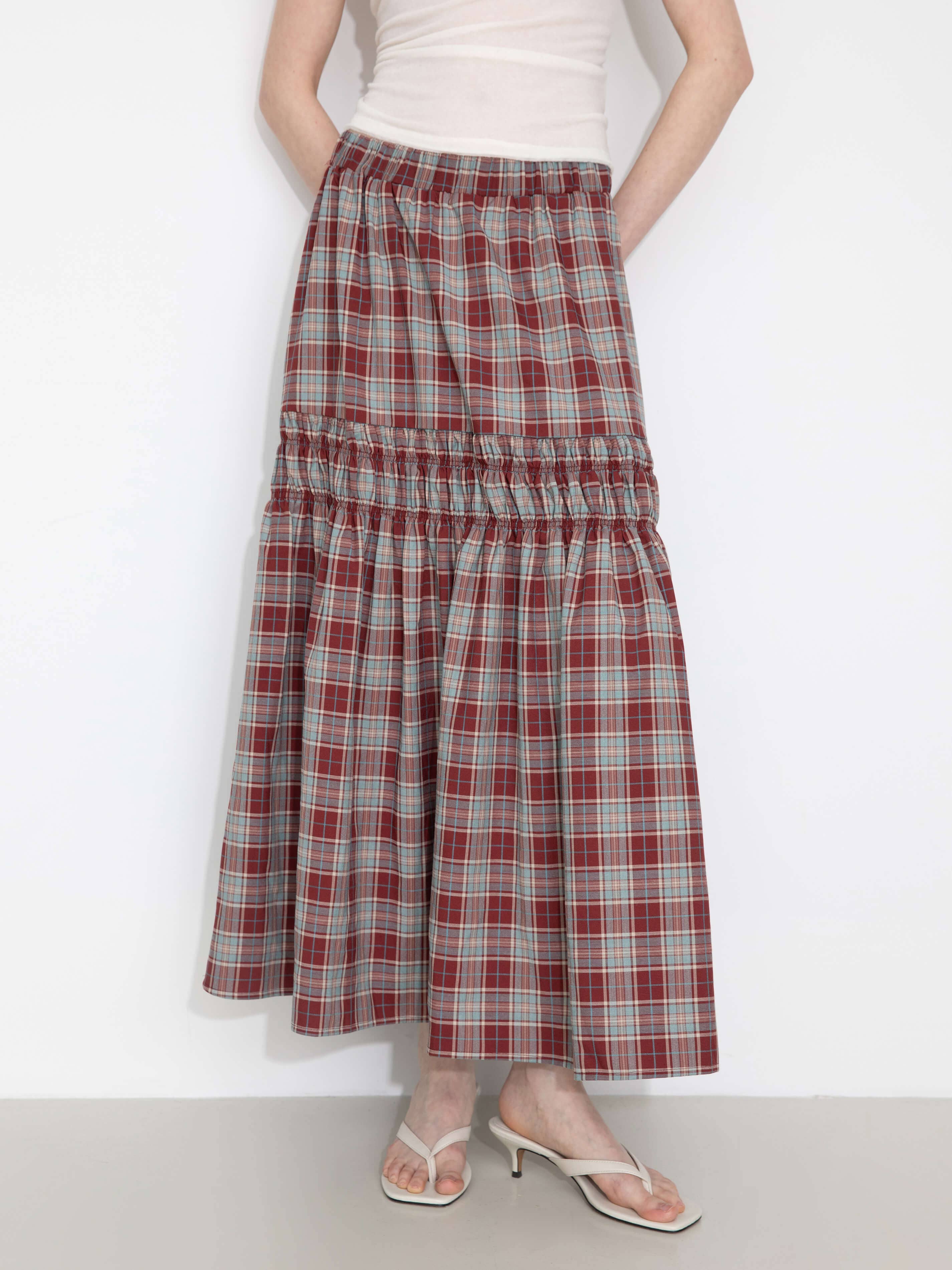 CUBIC - Wholesale Skirt - Women's - Elastic Drawstring High Waist Checked Skirt8