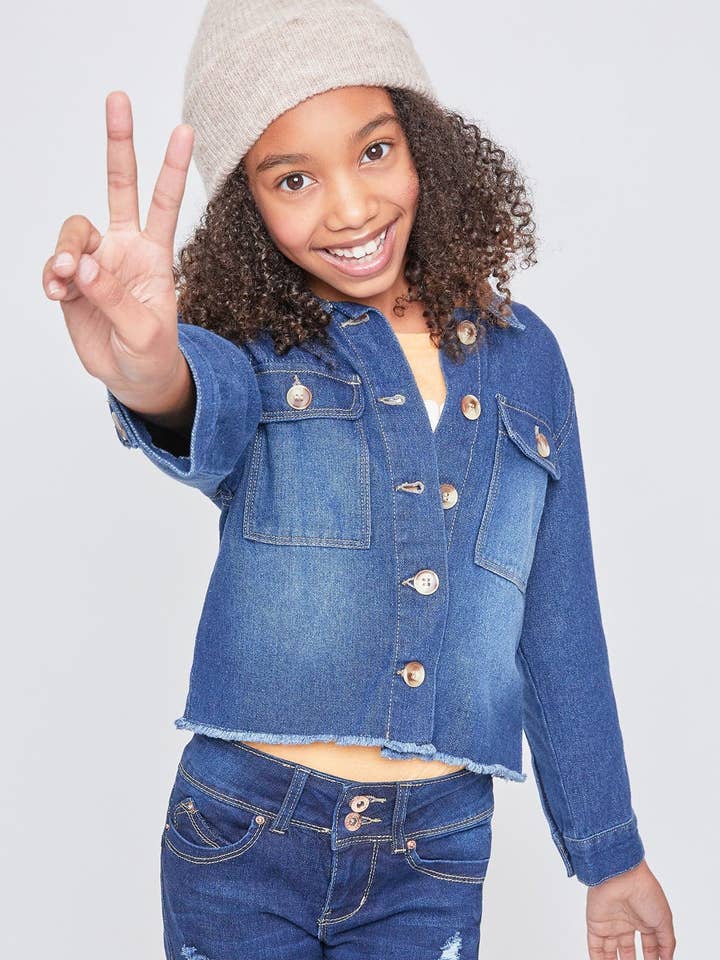 Girls Patch Pocket Oversized Jacket With Fray Hem-GJ19476 for wholesale by YMI