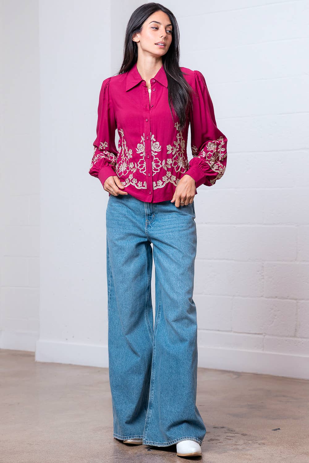 Taelynn - Wholesale Button Down Shirt - Women's - HT28837T-LONG SLV WITH COLLAR BUTTON DOWN FLOWER EMBO SHIRT11