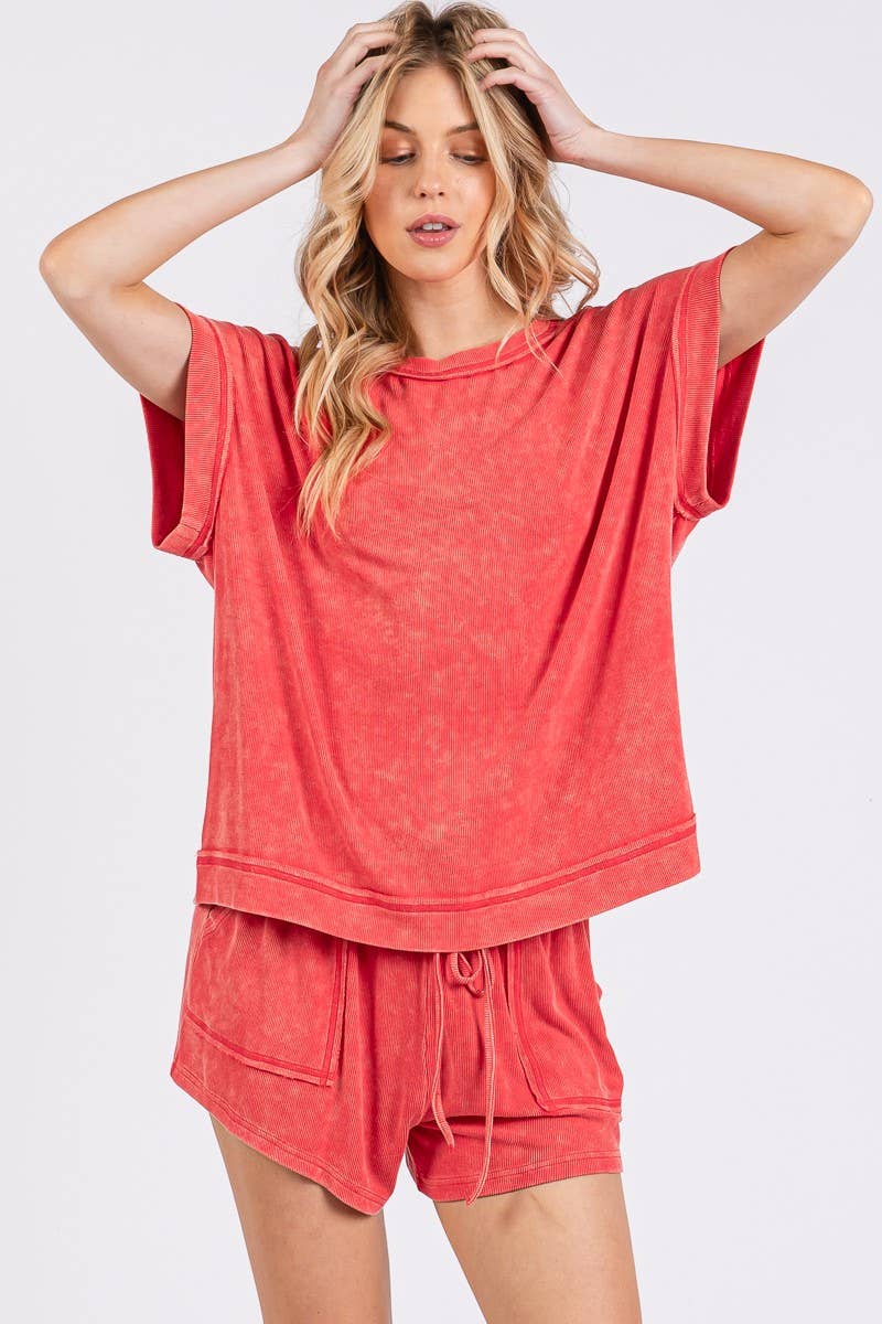 Sewn and Seen - Wholesale Lounge Set - Women's - MINERAL WASHED TOP AND SHORTS RIB SET 19