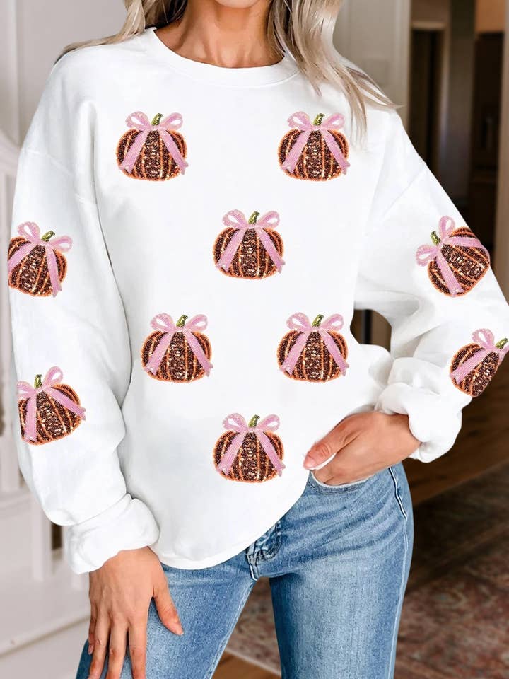 Sequin Bow Pumpkin Patched Graphic Sweatshirt | S-2XL for wholesale by Aapparella