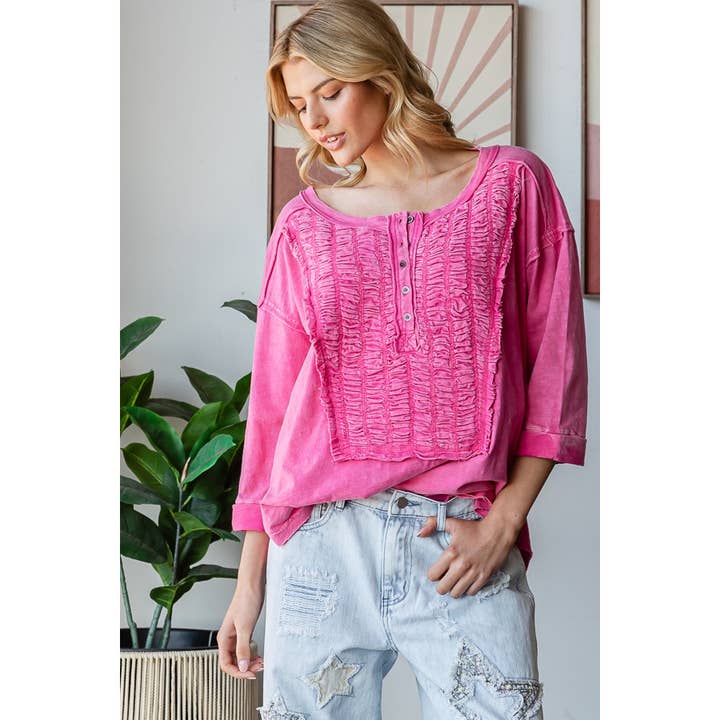 Oli&Hali - Wholesale Knit Top - Women's - SMOCKED FRONT HENLEY NECK OVERSIZED TOP