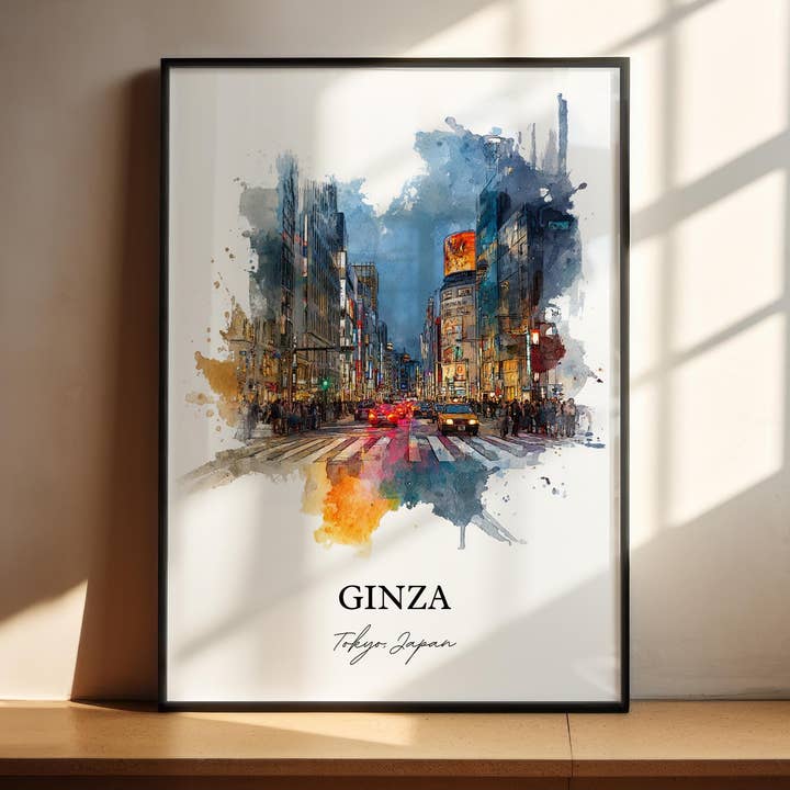 Ginza Tokyo Vægkunst, Ginza Print, Ginza Japan Akvarel Kunst, Ginza Japan Gave, Tokyo Rejseprint, Tokyo Rejseplakat, Indflyttergave for engroshandel hos Premium Travel Art