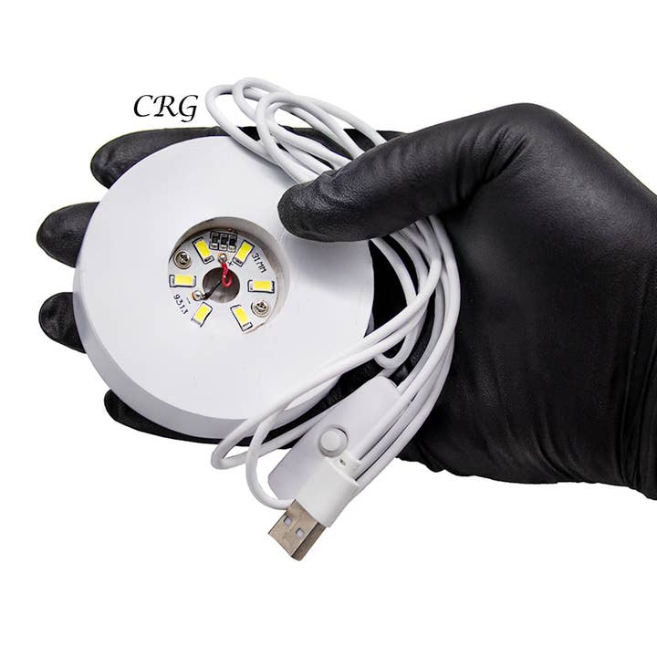 Crystal River Gems LLC - Wholesale Spiritual Stone/Crystal - QTY 1 - White Round Wooden Light Display Box with USB Plug / 3" AVG1
