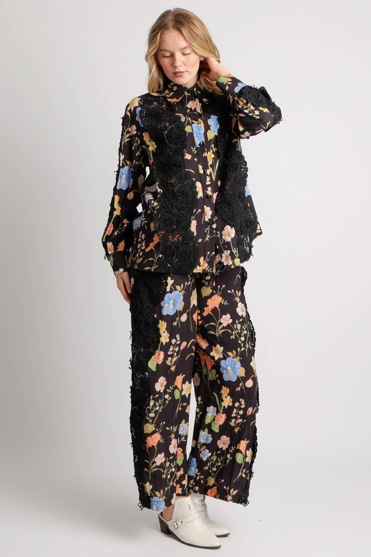 Black Floral Printed & Embroidered Top & Pants Set PC6441 for wholesale on Faire2