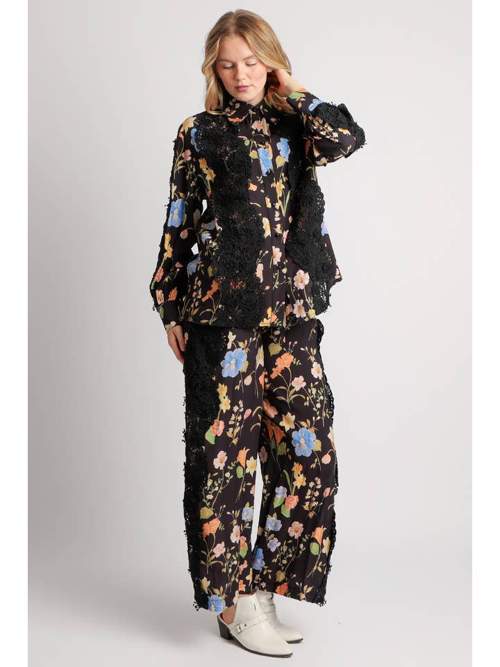 Black Floral Printed & Embroidered Top & Pants Set PC6441 for wholesale on Faire2
