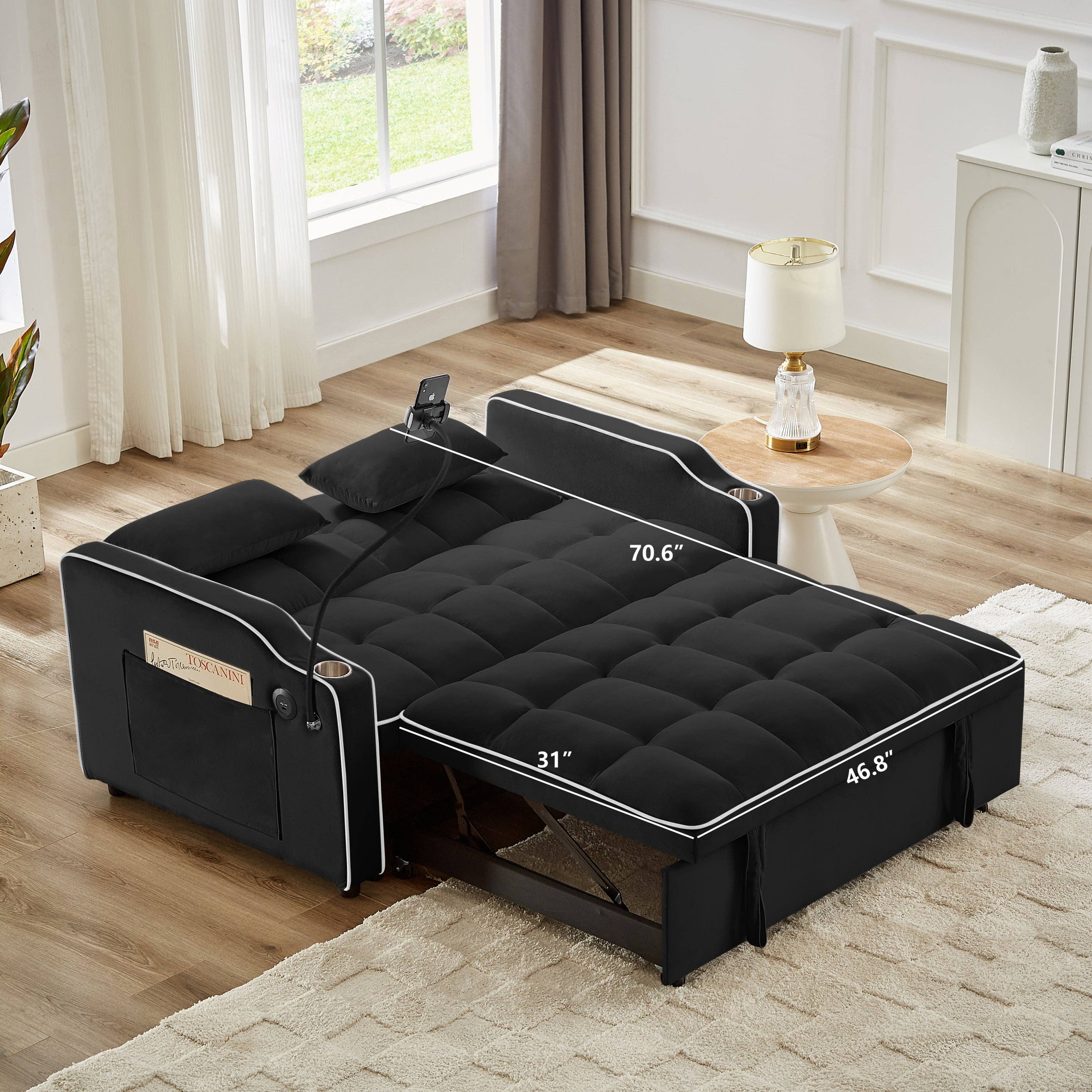 39F Inc. - Wholesale Sofa - Black Foldable Velvet Sofa Bed with USB and Storage11