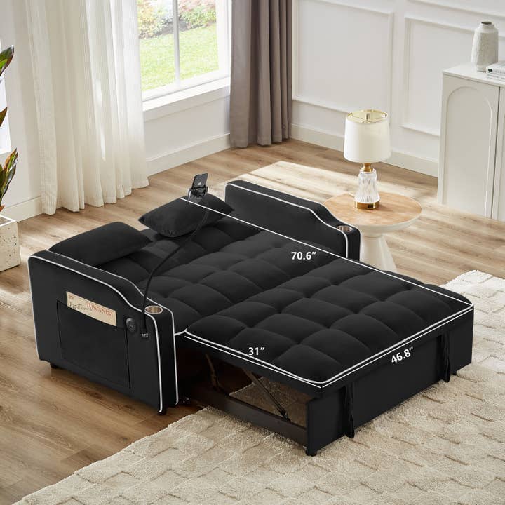 39F Inc. - Wholesale Sofa - Black Foldable Velvet Sofa Bed with USB and Storage11