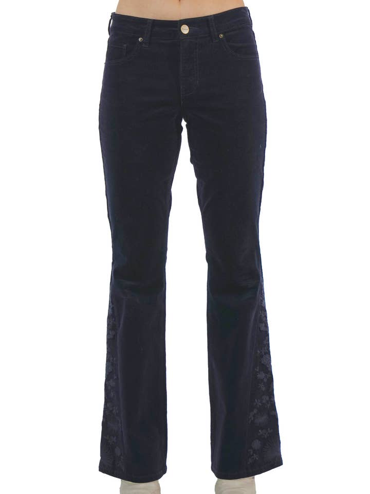 Brooke Embroidered Navy Corduroy Bootcut for wholesale by Prosperity Denim