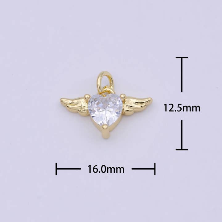 Aim Eternal - Wholesale Individual Charm/Pendant - Mini Gold Angel Wing with Cubic Heart Charm W-1632
