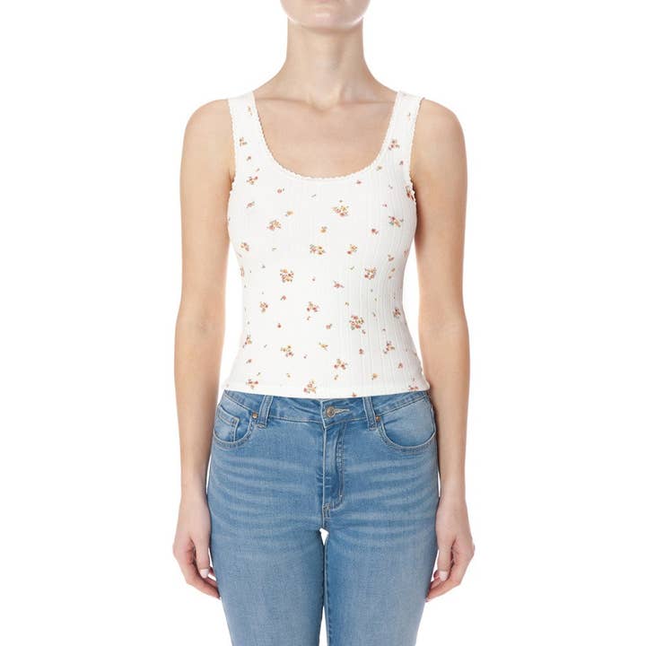 POINTELLE FLORAL PRINT TANK TOP W EDGE LACE for wholesale by Paperdoll