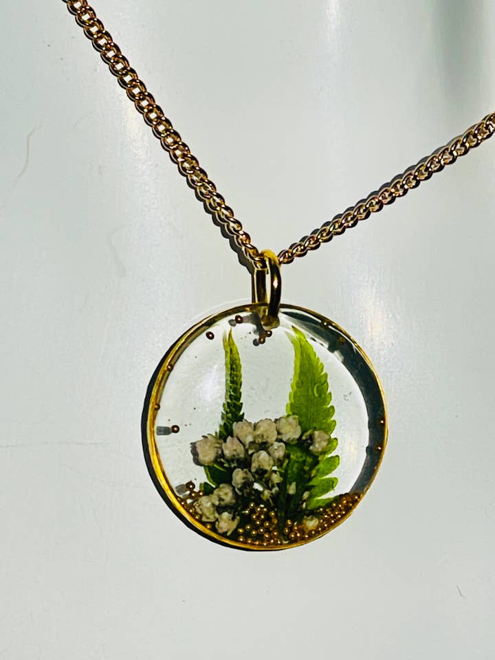 Dried/pressed preserved fern & flower bouquet in resin penda for wholesale by Handmade clay and resin Jewelry