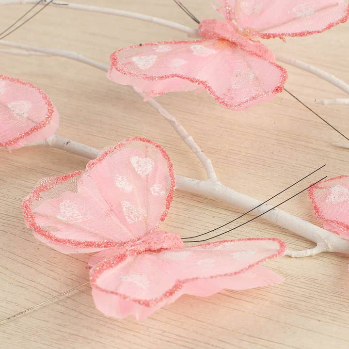 Factory Direct Craft – Engroshandel Kunstige blomster – Lyserøde net- og glimmer-sommerfugle til Valentinsdag (pakke med 12)1