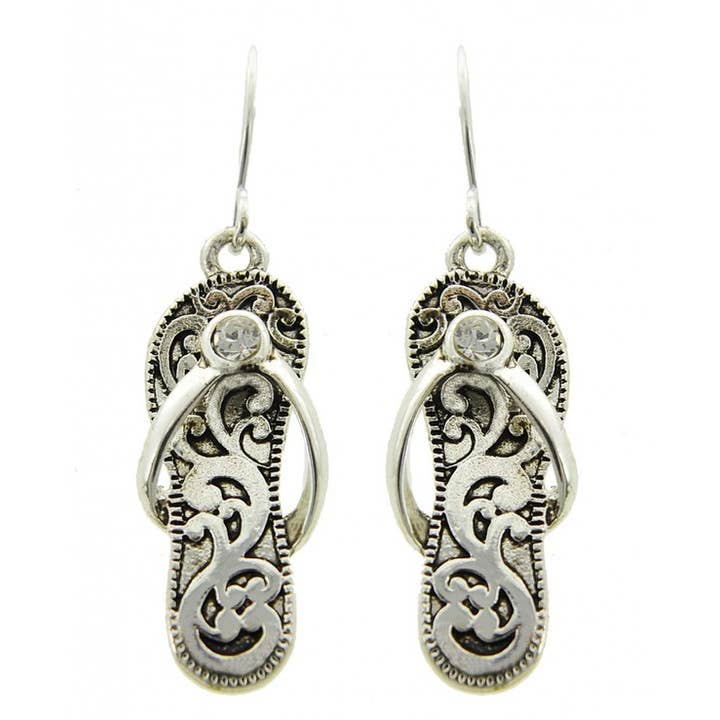 0011 PREMIERE - Wholesale Dangle earrings - FR2207 Antique Silver Crystal Filigree Flip Flop Earrings